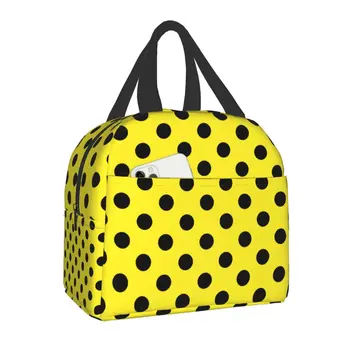 Роскошная женская сумка-тоут в желтый горошек для ланча, портативный термоохладитель, теплая коробка для бенто, сумки для пикника, школьной еды для детей.