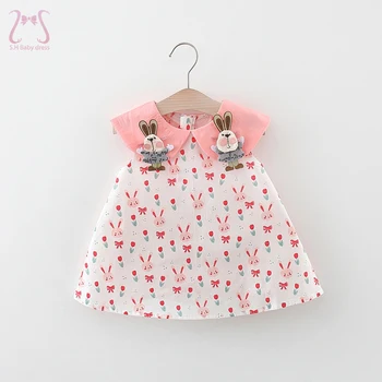 Платья для маленьких девочек с мультяшным кроликом, без рукавов, с милым отворотом, повседневная детская одежда, Летний детский костюм для малышей от 0 до 3 лет