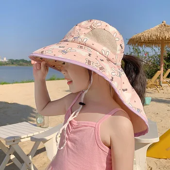 Детская солнцезащитная шляпа с защитой от ультрафиолета, летние пляжные шляпы-ведра с широкими полями, защита шеи с клапаном для девочек от 3 до 10 лет, Рыбацкая кепка