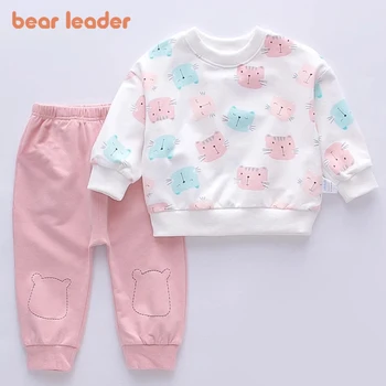 Комплект одежды Bear Learder для маленьких девочек, хлопковая толстовка для малышей, топы, брюки, костюмы из 2 предметов, осенний костюм из 2 предметов