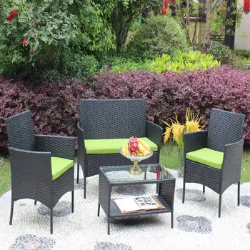 Набор мебели для патио из ротанга из 4 предметов, плетеный диван с мягким сиденьем для внутреннего дворика