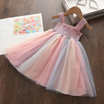 Летние платья принцессы для девочек, новое милое красочное праздничное платье с бантом, розовое платье для маленьких девочек, свадебные костюмы, одежда в складку от 3 до 7 лет