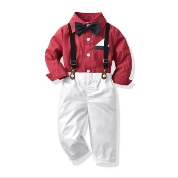 Комплект джентльменской одежды для мальчиков, хлопковая рубашка с длинным рукавом и бабочкой + брюки, комбинезон, костюм из 2 предметов, комплект повседневной одежды для мальчиков