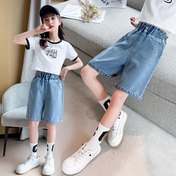 2023 Новые летние джинсовые шорты для девочек среднего и крупного размера, детские брюки средней длины с высокой талией и широкими штанинами, детские летние шорты