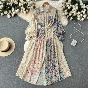 Женское платье Весна Осень с длинным рукавом-фонариком и цветочным принтом на пуговицах, Винтажное Элегантное дизайнерское макси-платье в стиле Прерийский шик, Женское платье-халат.