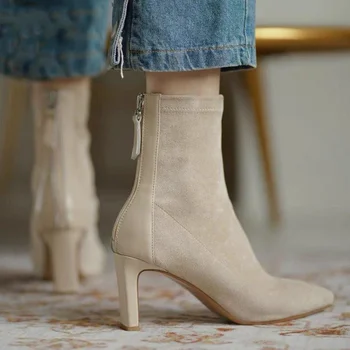 2022 Новые женские сапоги на высоком каблуке в корейском стиле на молнии, осенне-зимние сапоги на среднем каблуке, тонкие сапоги с эластичным острым носком, женские ботинки с носком