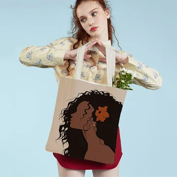 Многоразовая холщовая мультяшная женская сумка-тоут с двойным принтом, модная Оранжевая Женская сумка Africa Life Girl Art, повседневная женская сумка для покупок через плечо