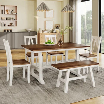 6-кусок дерева, обеденный стол, набор кухонный стол орех+белый, комплект с длинной скамьей и 4 стулья для столовой, стиль, фермерский дом 