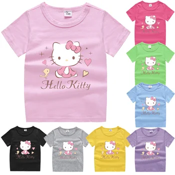 2023 Летняя Одежда для маленьких девочек, Футболка с рисунком Hello Kitty для маленьких девочек, Хлопковая футболка с короткими рукавами для девочек, Футболка 90-150 см