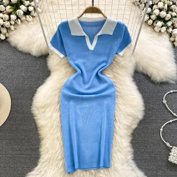 Повседневная одежда Нишевого дизайна, женские сексуальные платья для отдыха и клуба, универсальные Модные винтажные синие популярные платья с отложным воротником