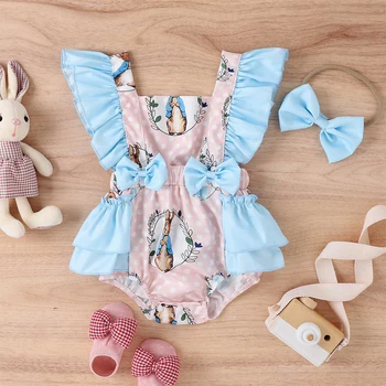 Menoea/ Комбинезоны для новорожденных девочек с принтом кролика в горошек, с квадратным вырезом, с оборками на рукавах, с открытой спиной, детские боди с бантом на голове, костюм