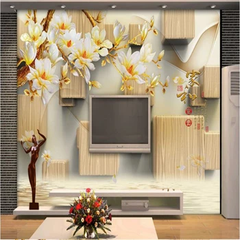 beibehang 3D резьба по дереву для дома и красочная резная фреска из магнолии на заднем плане стены, papel de parede, обои для стен 3 d