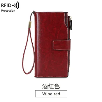 2022 Женский RFID противоугонный длинный кошелек, масляный воск, искусственная кожа, ретро-кошельки, женская модная сумка для телефона большой емкости, праздничная сумочка