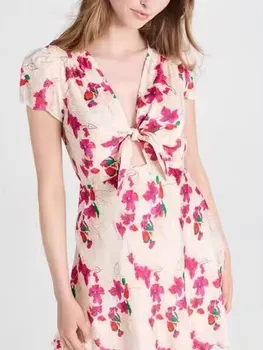 Женское платье с V-образным вырезом, высокой талией, коротким рукавом и цветочным принтом, Летний Мини-халат 2023, Женская одежда