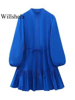 Willshela, женское модное синее однобортное мини-платье на шнуровке, винтажные женские шикарные платья с круглым вырезом и длинными рукавами