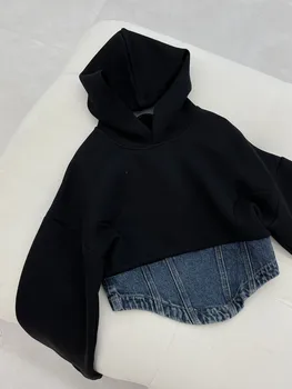 Толстовка с коротким топом из джинсовой ткани черного цвета