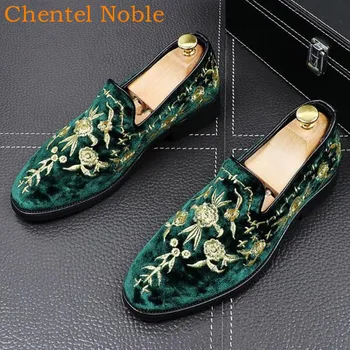 2020 Новейшая мужская повседневная обувь Chentel Noble Flock с уникальной вышивкой, обувь для вечеринок, мужские туфли на плоской подошве, три стиля, Черный, зеленый