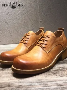 Новая деловая мужская рабочая официальная обувь ручной работы на блочном каблуке со шнуровкой, винтажные свадебные модельные туфли для жениха из воловьей кожи, обувь из натуральной кожи