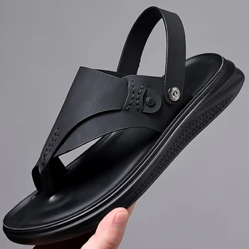Jumpmore Черная кожаная обувь Уличные пляжные тапочки Мужские сандалии Размер 38-44