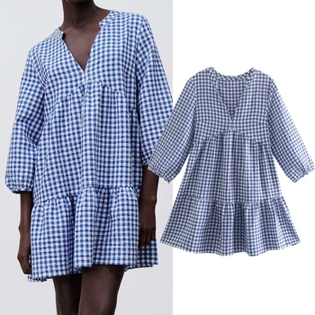 ZA 2021, новое женское модное маленькое свежее платье в клетку с принтом, женское платье с V-образным вырезом, мини-платье с коротким рукавом, шикарные платья с тонкой талией