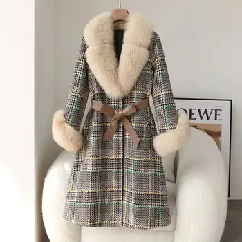 2023 Осень-зима, новое женское высококачественное шерстяное пальто с воротником из лисьего меха, модное шерстяное пальто на утином пуху, пальто