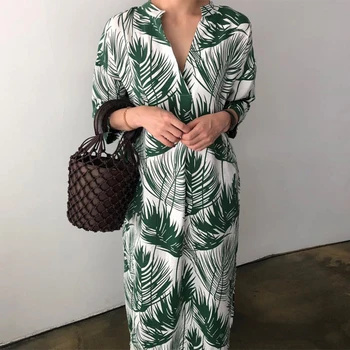 Женское летнее винтажное длинное шифоновое платье, сарафан с принтом в виде листьев, V-образный вырез, уютный прямой сарафан Миди