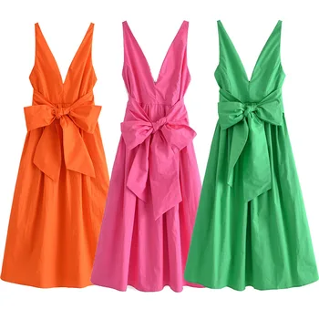 Женское модное платье Миди из поплина ярких цветов с V-образным вырезом, завязанное бантом, винтажные женские платья на бретельках с открытой спиной, повседневные Свободные