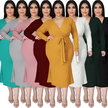Felyn 2021 Модное дизайнерское платье лучшего качества, однотонный пояс, V-образный вырез, длинный рукав, Офисное женское платье Миди, Vestidos