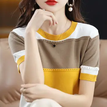 Корейская модная открытая вязаная блузка в стиле пэчворк, женская одежда, новинка лета 2023, повседневные пуловеры с круглым вырезом и коротким рукавом, рубашка