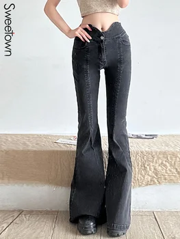 Sweetown, тонкие расклешенные джинсы с высокой талией, элегантные офисные женские брюки в уличном стиле, Корейская модная повседневная одежда