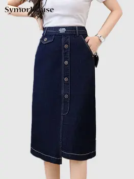 2023 Летняя джинсовая юбка с разрезом для женщин, Эластичная Высокая талия, Прямые синие однобортные джинсовые юбки с запахом на бедрах, женские
