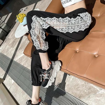 Винтажные женские летние брюки свободного кроя с кружевными вставками длиной до щиколотки; повседневные брюки в стиле ретро с эластичным поясом и бисером по бокам; уличная одежда