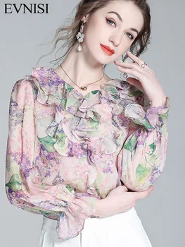 EVNISI Элегантная женская шифоновая блузка с V-образным вырезом, шикарная фиолетовая рубашка с цветочным принтом, Офисные топы Fairy, Летняя женская праздничная блузка
