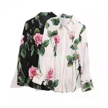 Европейская и американская женская одежда, весна 2022, новая шелковая рубашка с длинным рукавом и отворотом с цветочным принтом розы