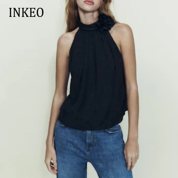 Сексуальный топ с цветочным рисунком, женская жаккардовая блузка без рукавов, черная элегантная летняя свободная женская рубашка 2023 года, шикарная одежда INKEO 3T001