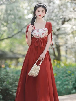 Женское элегантное летнее шифоновое платье с красным квадратным воротником, женское модное платье в китайском стиле, цельная пляжная одежда для вечеринок, Vestidos